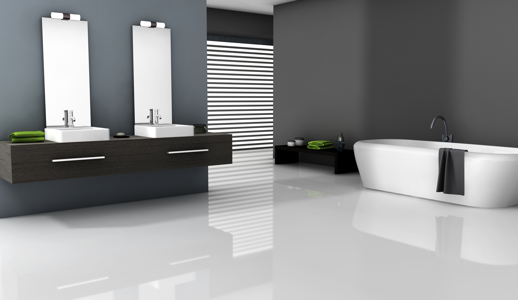 Home interior of a contemporary bathroom with modern design and furniture, 3d rendering.